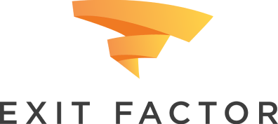 Logo for Exit Factor featuring a stylized orange and yellow ribbon design above the text.