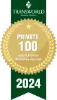 Award badge with "Transworld Business Advisors," "Private 100," "South Florida Business Journal," and "2024" in gold on a green ribbon background.